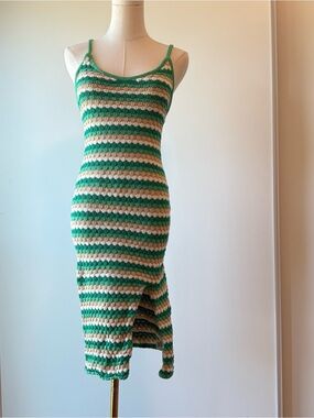100% Cotton Ardene Green and Cream Crochet Striped Top